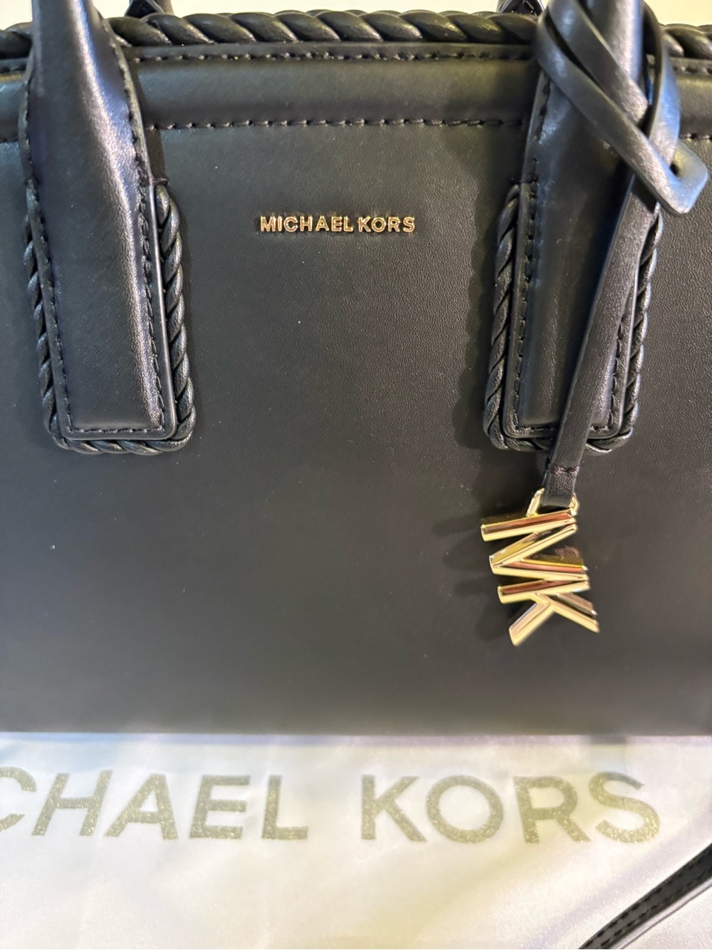 Michael Kors Black Leather Satchel with Gold MK Charm - Picture 5 of 9